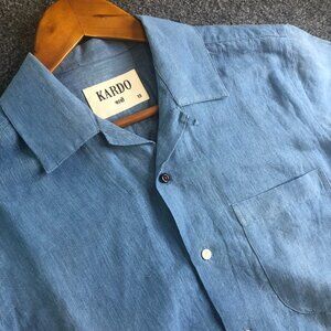 Kardo Shirt Mens XS Blue Linen Cotton Blend Short Sleeve Pocket Button